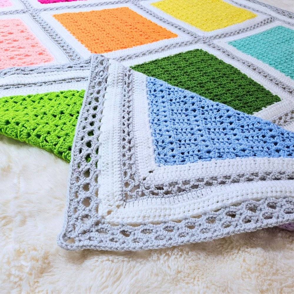 Colorful Crochet Granny Square Blanket with Lacy Border
