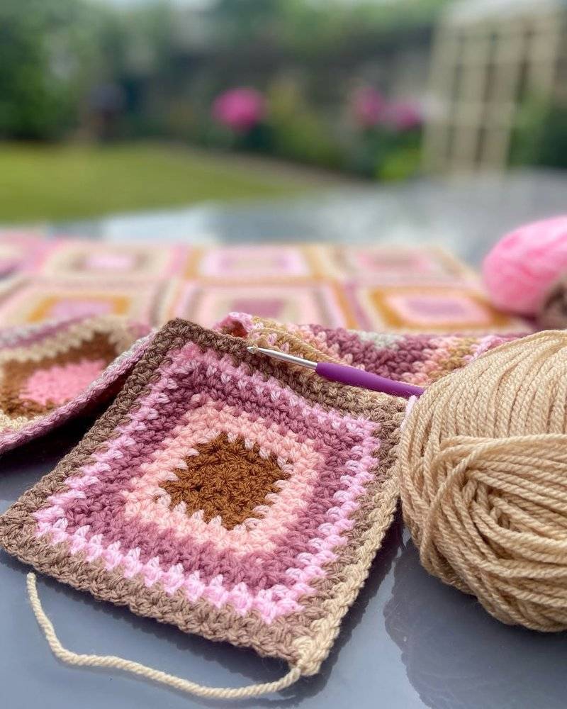 Cozy Pink and Brown Crochet Granny Square Blanket