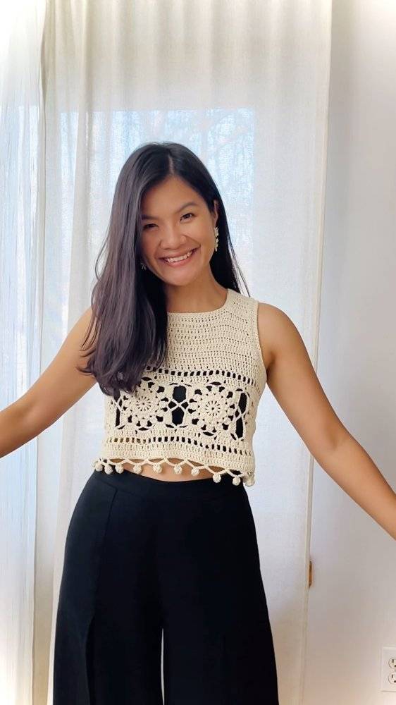 Cream Crochet Floral Crop Top with Pom-Pom Trim