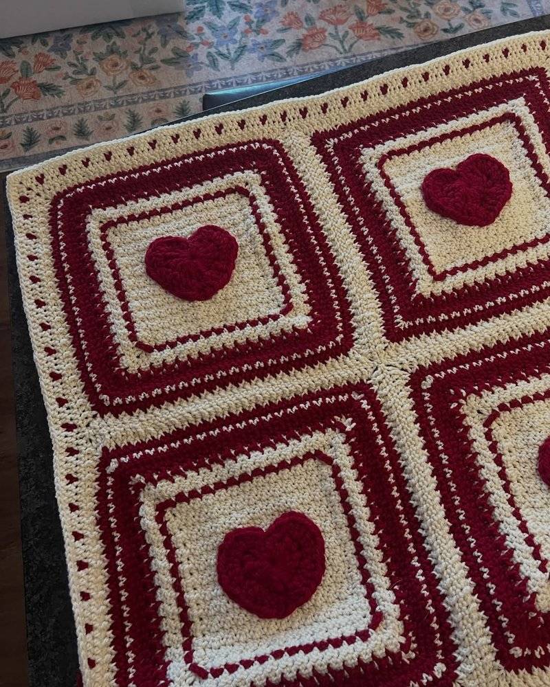 Cream and Burgundy Crochet Heart Blanket