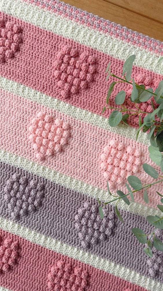 Crochet Bobble Heart Blanket with Pastel Stripes