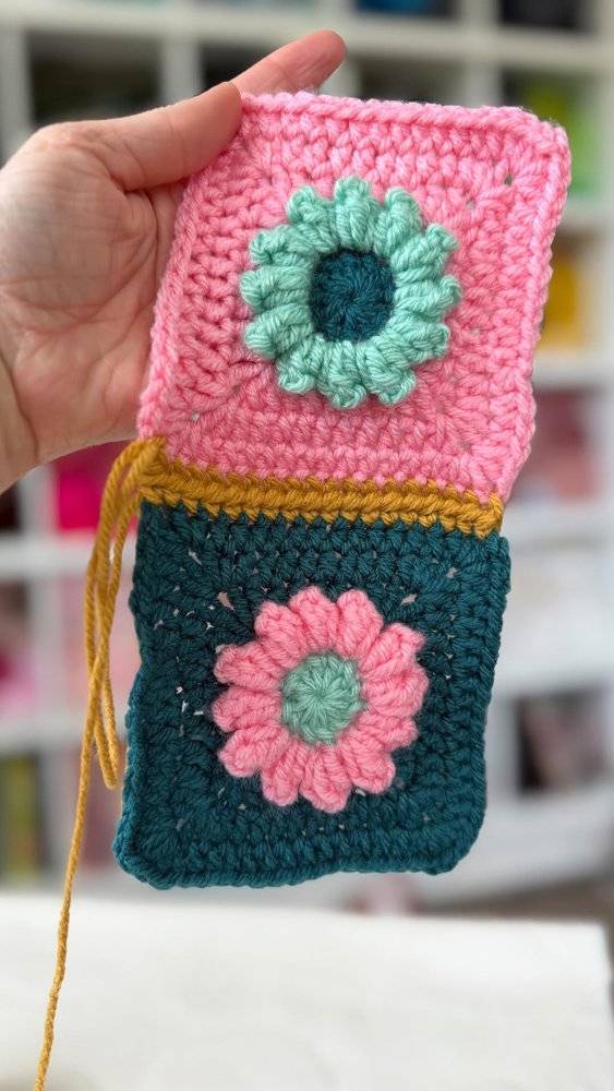 Crochet Granny Square Pouch with Floral Applique