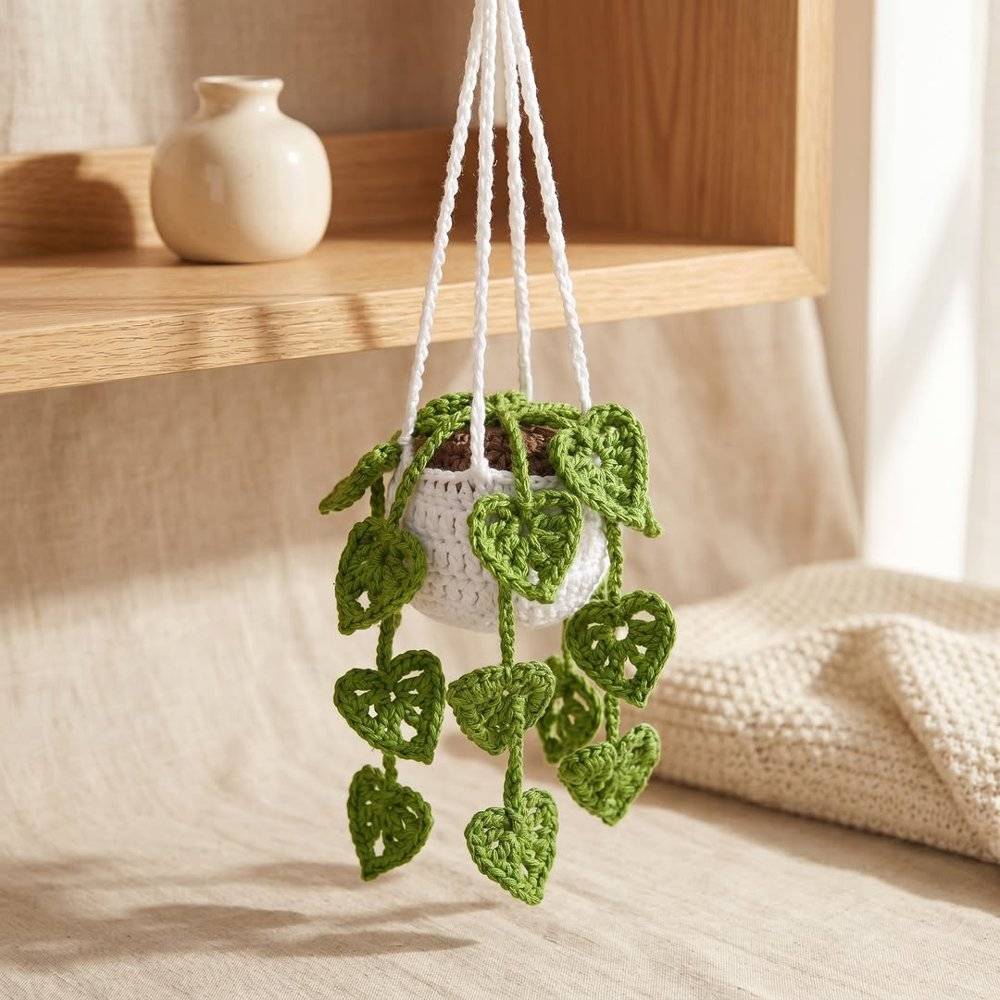 Crochet Hanging Plant Decor with Heart Leaves
