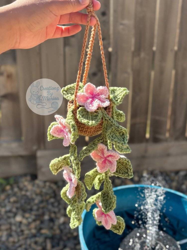 Crochet Hanging Plant with Pink Flowers