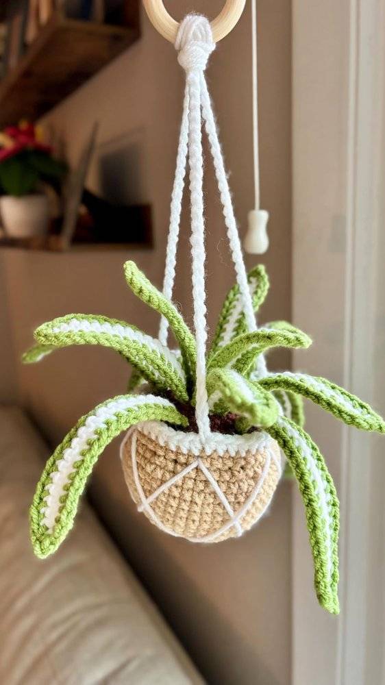 Crochet Hanging Planter with Faux Greenery