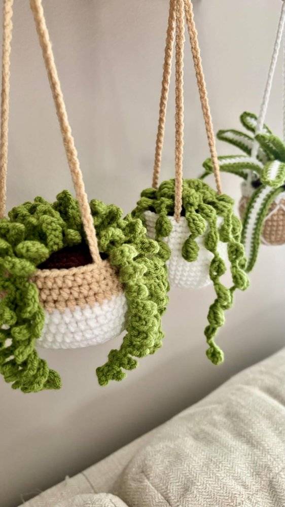 Crochet Hanging Planter with Faux Succulents