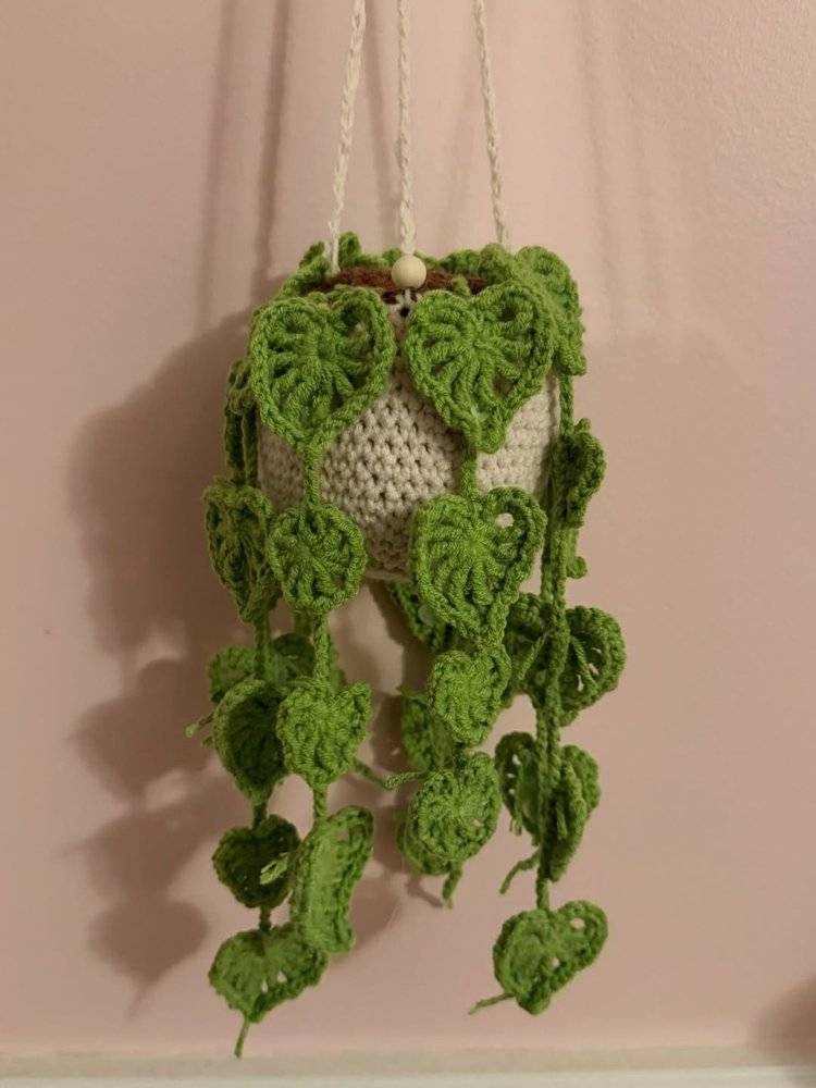 Crochet Hanging Planter with Heart Leaves