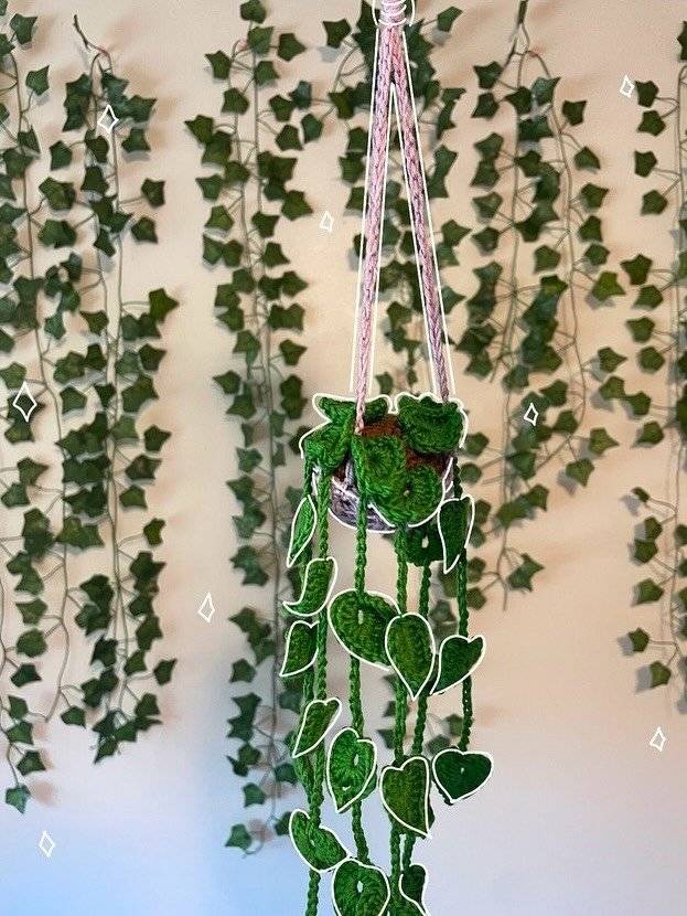 Crochet Hanging Planter with Leaf Accents