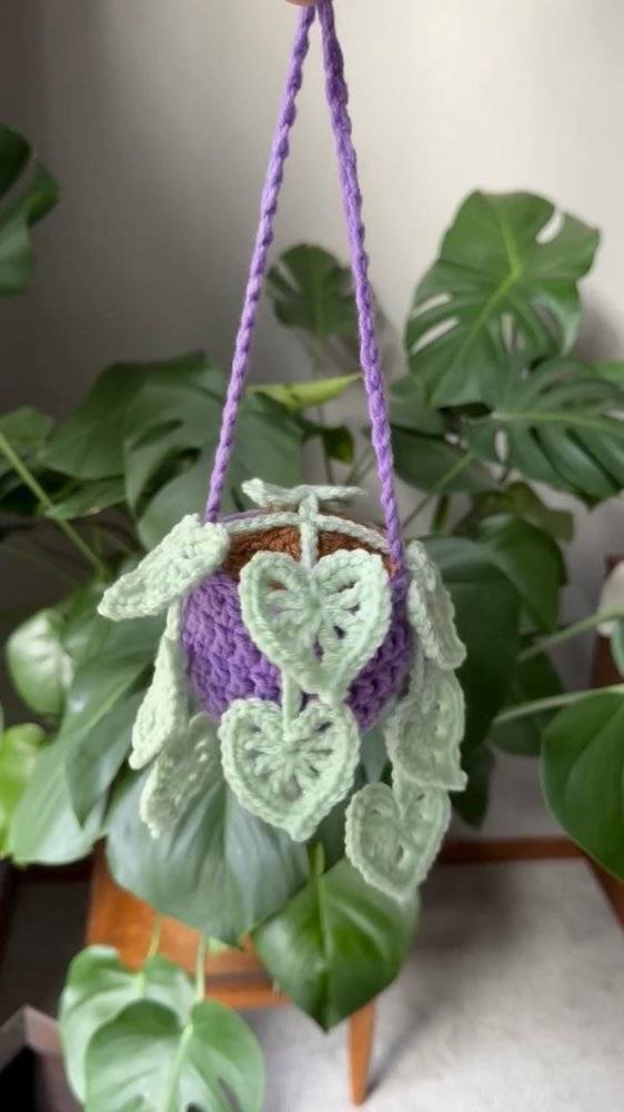 Crochet Heart Leaf Hanging Plant Pot Cover
