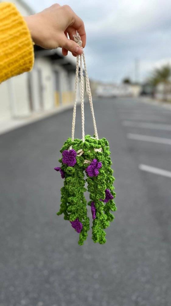 Crocheted Hanging Planter with Purple Flowers