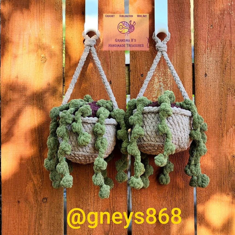 Crocheted Hanging Planters with "String of Pearls" Style Faux Plant