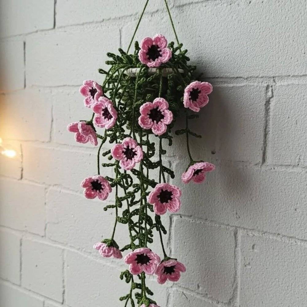 Crocheted Pink Flowers Hanging Planter Decor