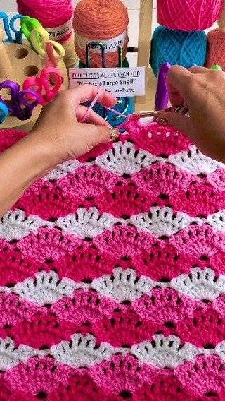 Crocheted Pink and White Shell Stitch Blanket