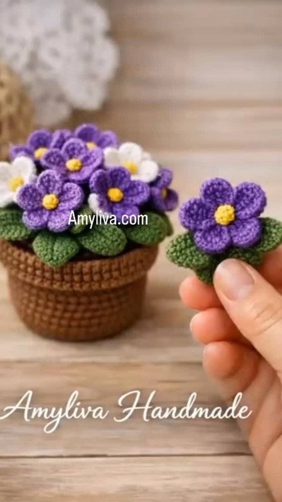 Crocheted Potted Violet Flowers