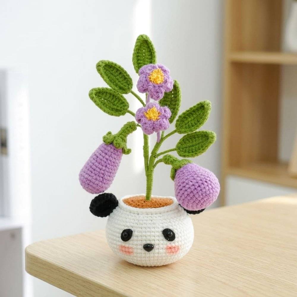 Cute Crochet Panda Planter with Eggplants and Flowers