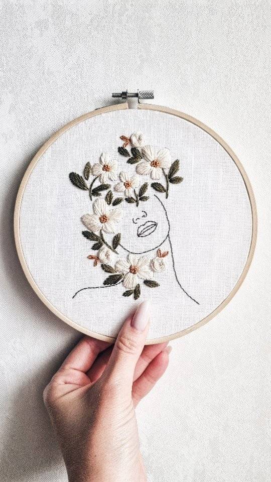 Elegant Floral Face Embroidery Hoop Art