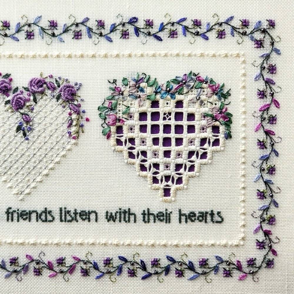 Embroidered Hearts with Floral Accents and Inspirational Quote