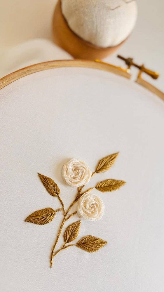 Embroidered Rose and Leaf Branch