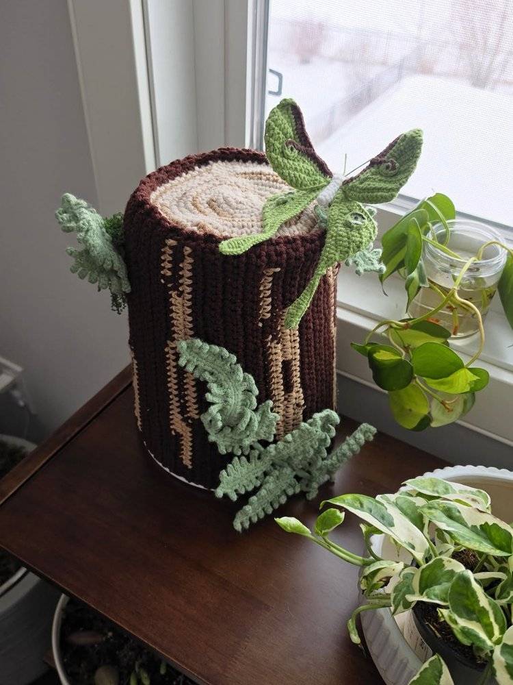 Enchanting Crochet Tree Stump and Luna Moth Decor