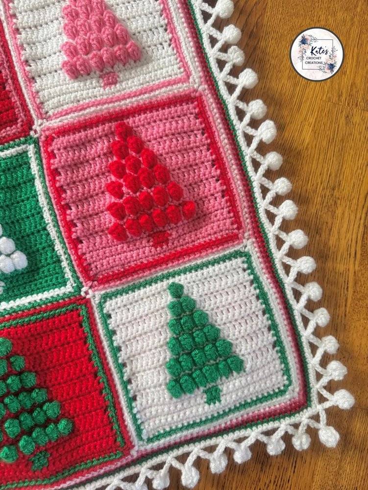 Festive Christmas Tree Bobble Stitch Crochet Blanket Squares