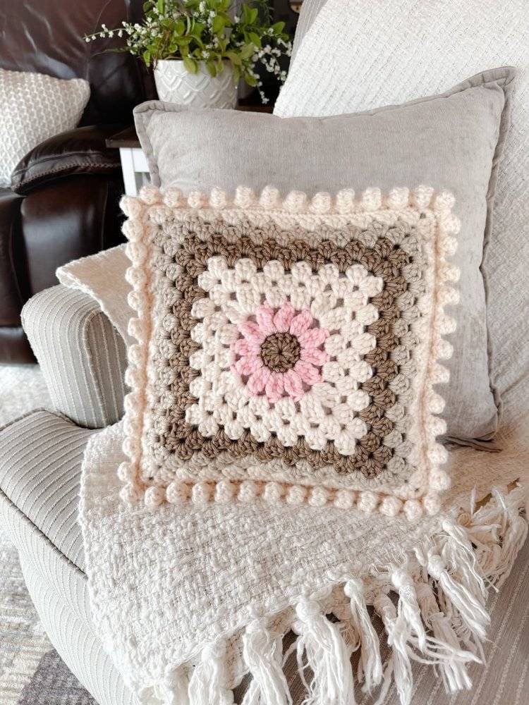 Granny Square Crochet Pillow with Pom Pom Edging
