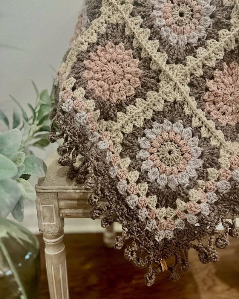 Granny Square Crochet Shawl with Delicate Fringe
