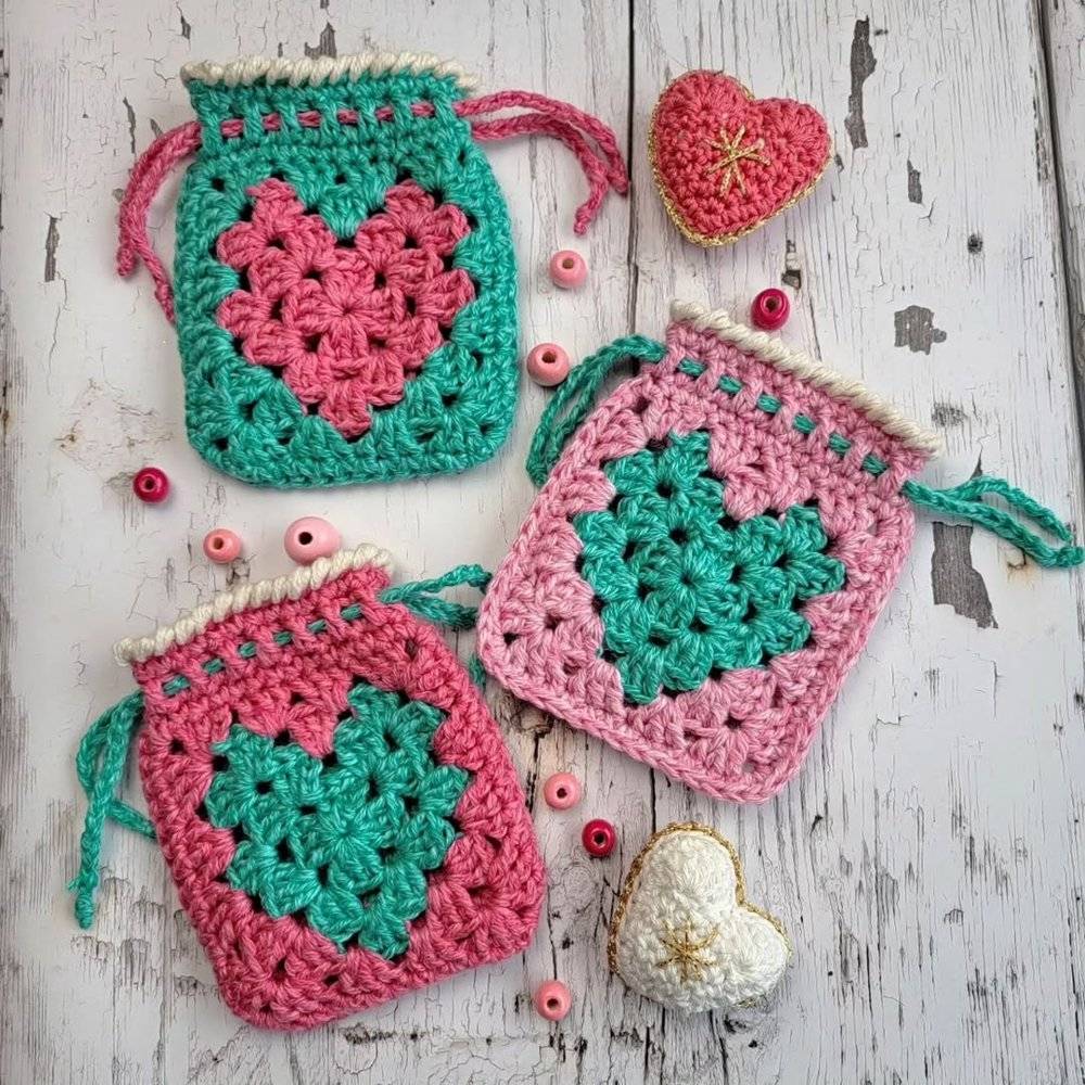 Granny Square Heart Crochet Pouches