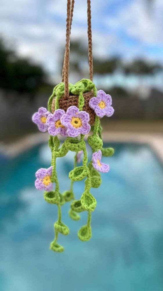 Hanging Crochet Plant with Purple Flowers