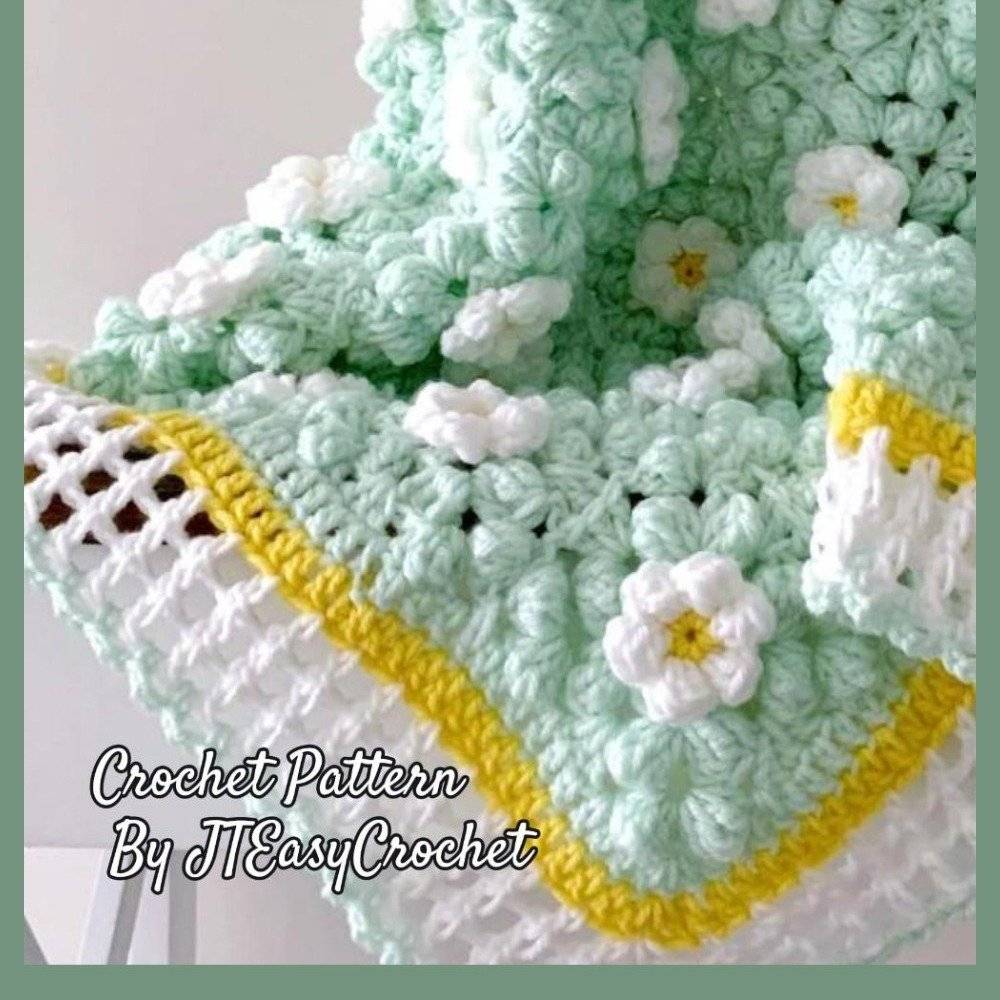 Mint Green Crochet Baby Blanket with Flowers