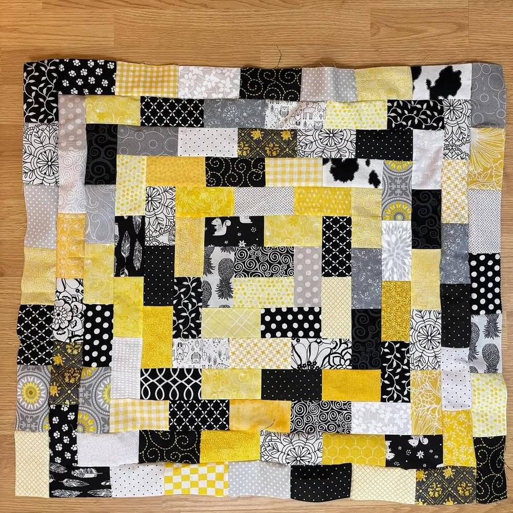 Patchwork Quilt Top in Black, Yellow, and Gray
