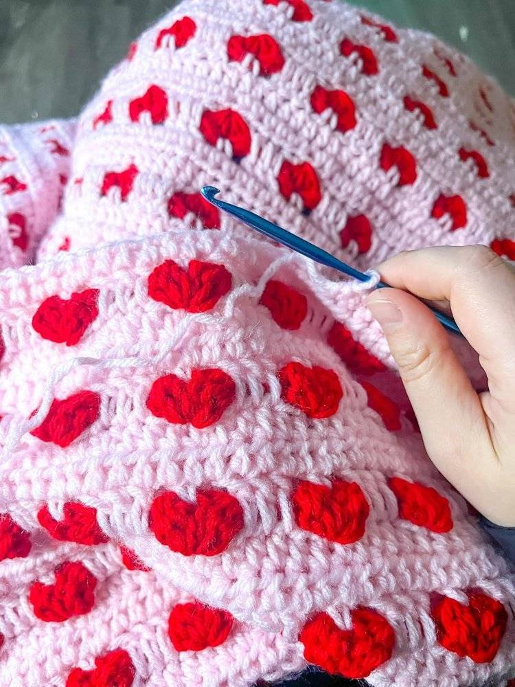 Pink and Red Heart Crochet Blanket Project
