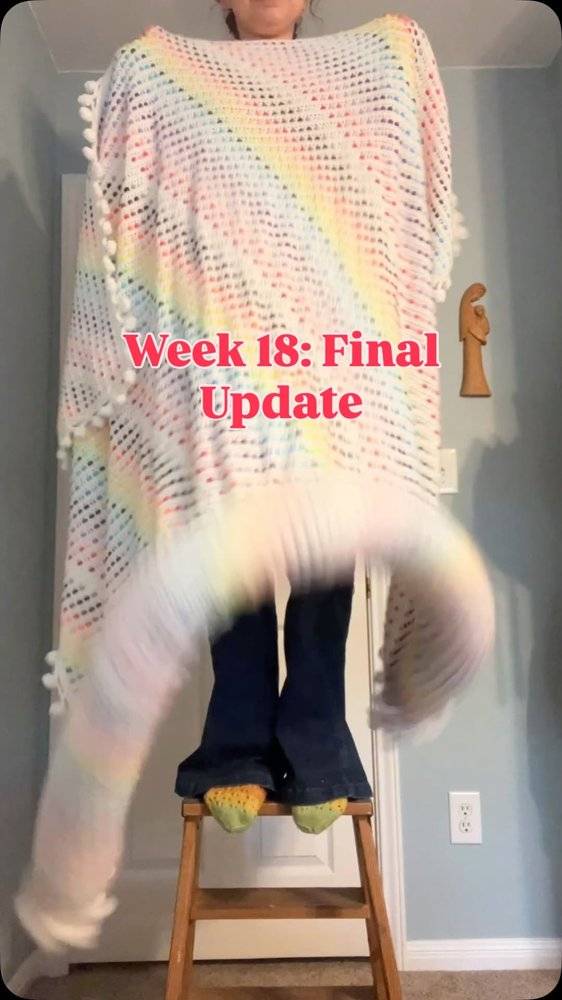 Rainbow Speckled Crochet Poncho with Pom-Pom Trim