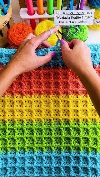 Rainbow Striped Crochet Waffle Stitch Blanket
