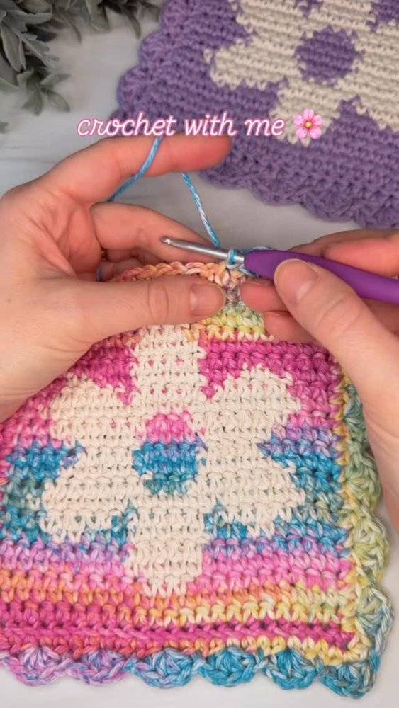 Scrappy Colorwork Crochet Square with Scalloped Edging