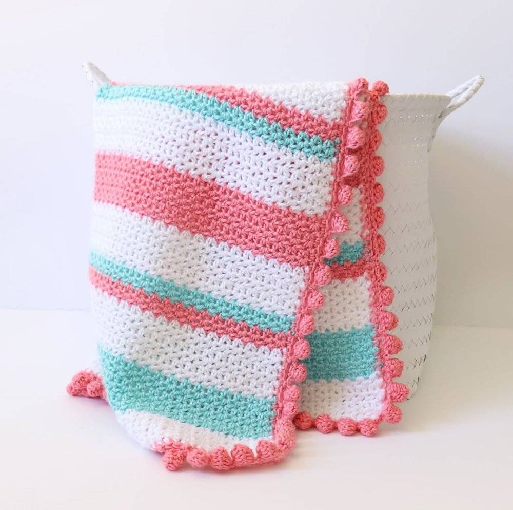 Striped Crochet Baby Blanket with Pom-Pom Edging
