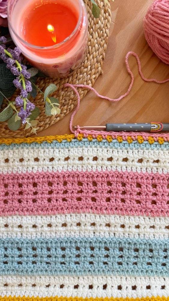 Striped Crochet Blanket with Eyelet Pattern