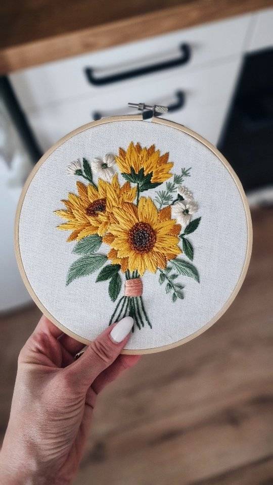 Sunflower and Daisy Bouquet Embroidery Hoop Art