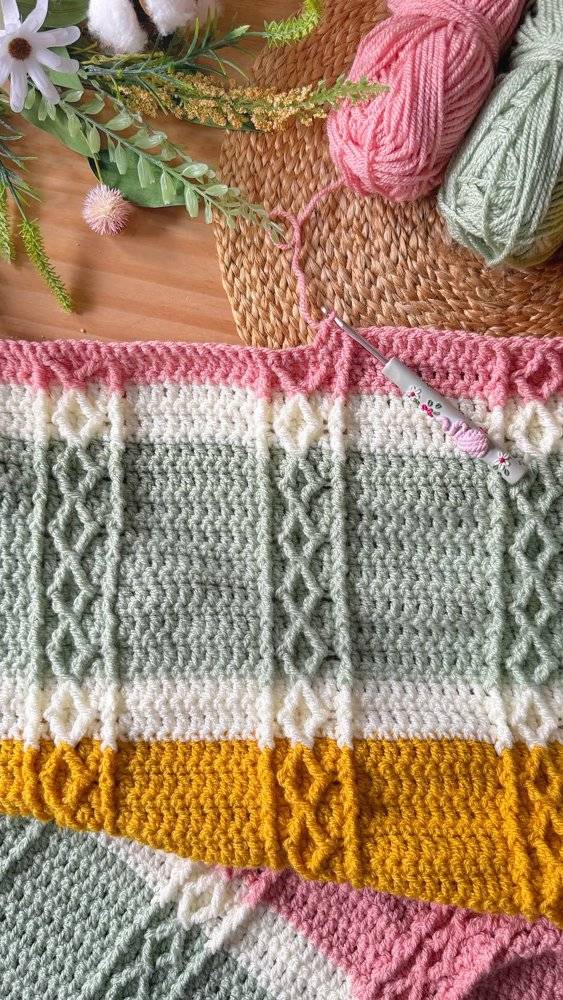 Textured Crochet Blanket with Cable and Diamond Details