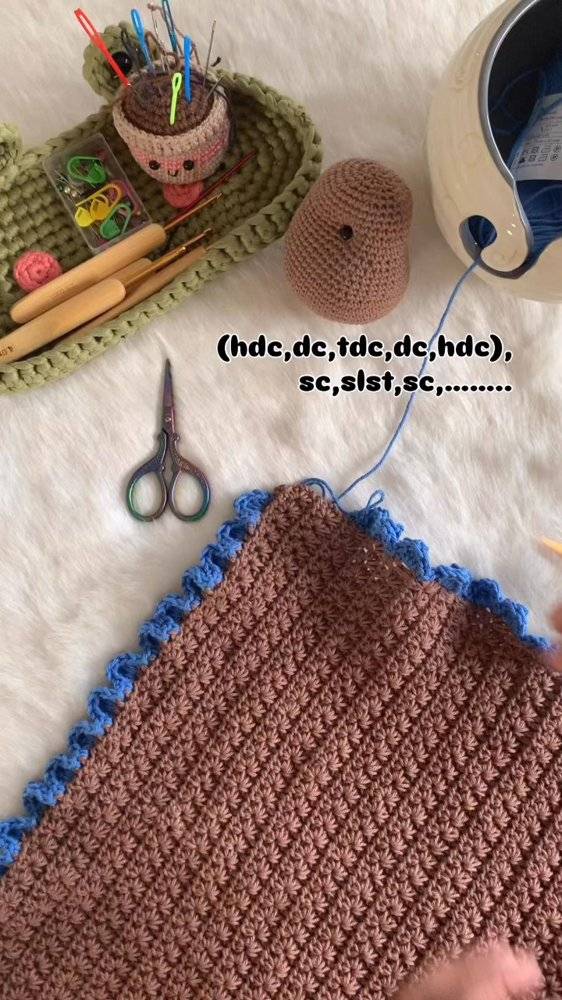 Textured Crochet Square with Ruffled Blue Edging