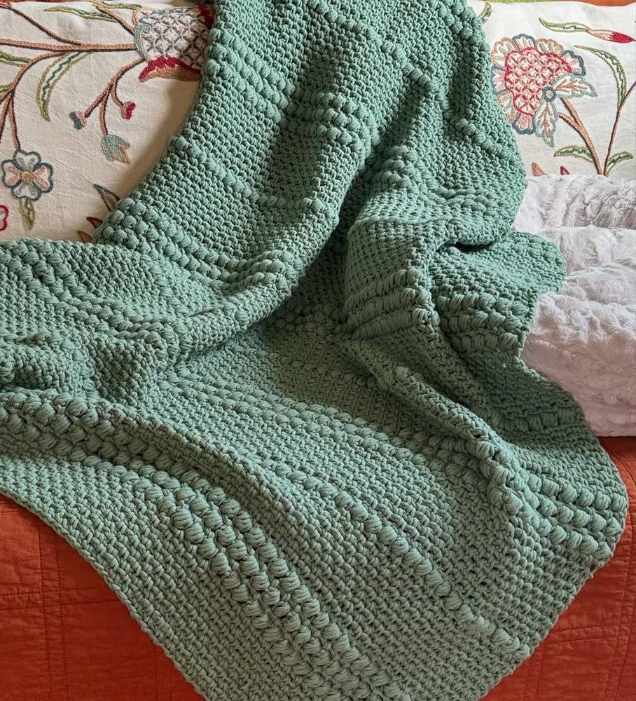 Textured Sage Green Crochet Blanket