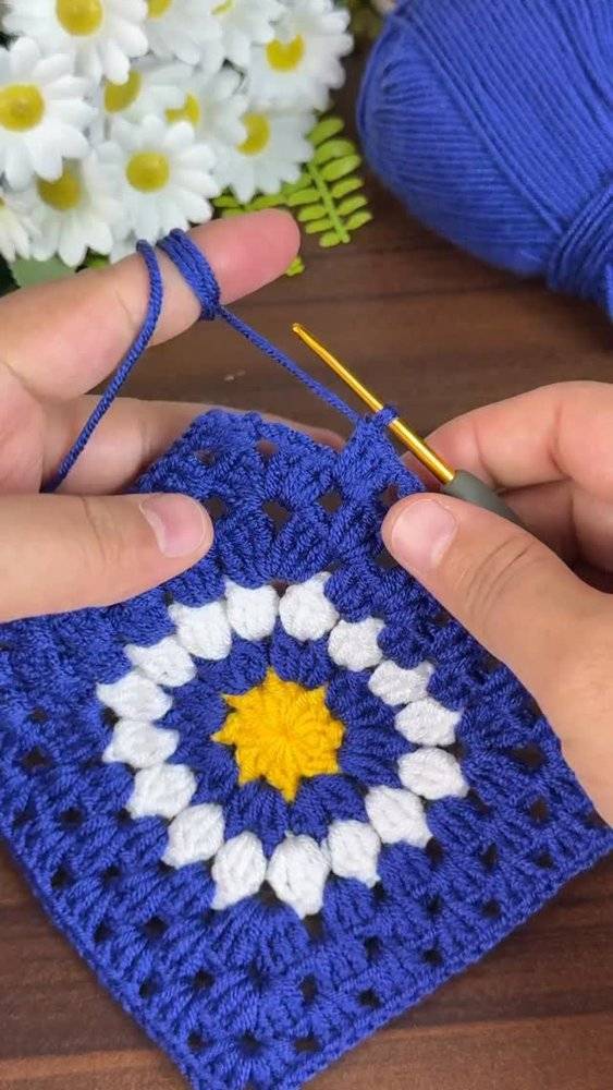 Vibrant Blue and Yellow Crochet Granny Square
