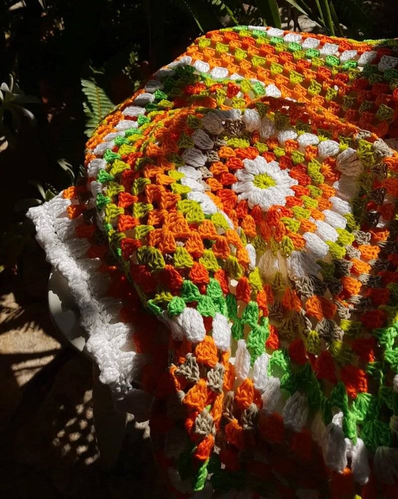 Vibrant Crochet Granny Square Blanket with Floral Motifs