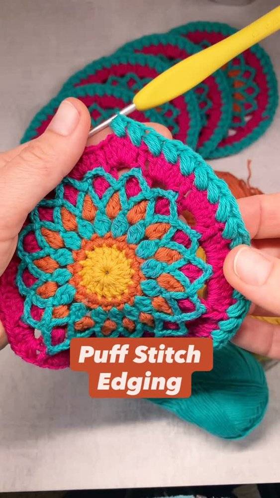 Vibrant Crochet Mandala with Puff Stitch Edging