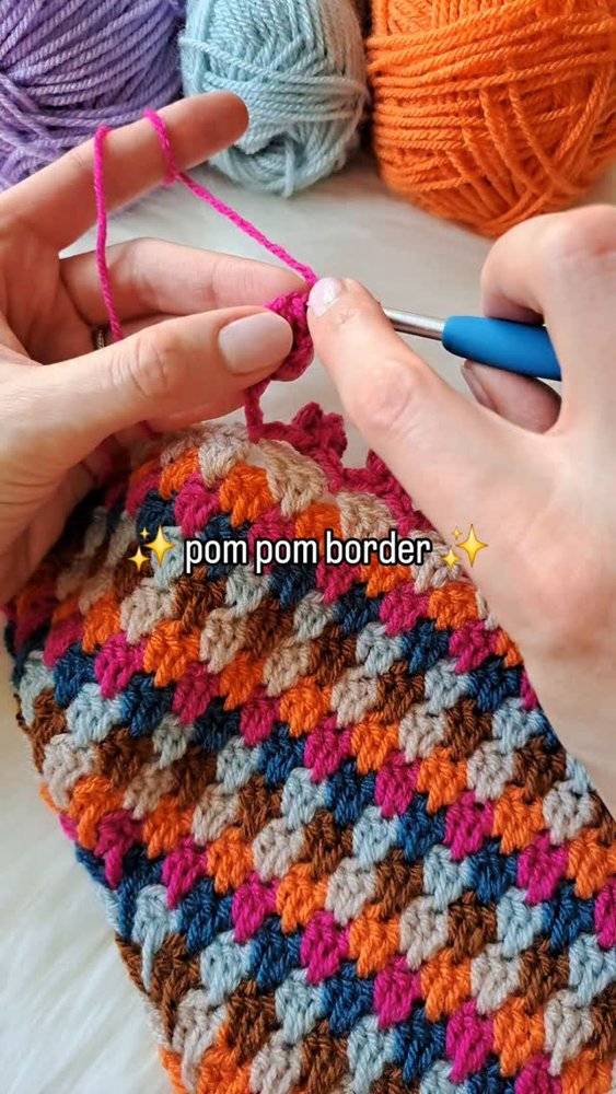 Vibrant Crochet Pouch with Pom Pom Border