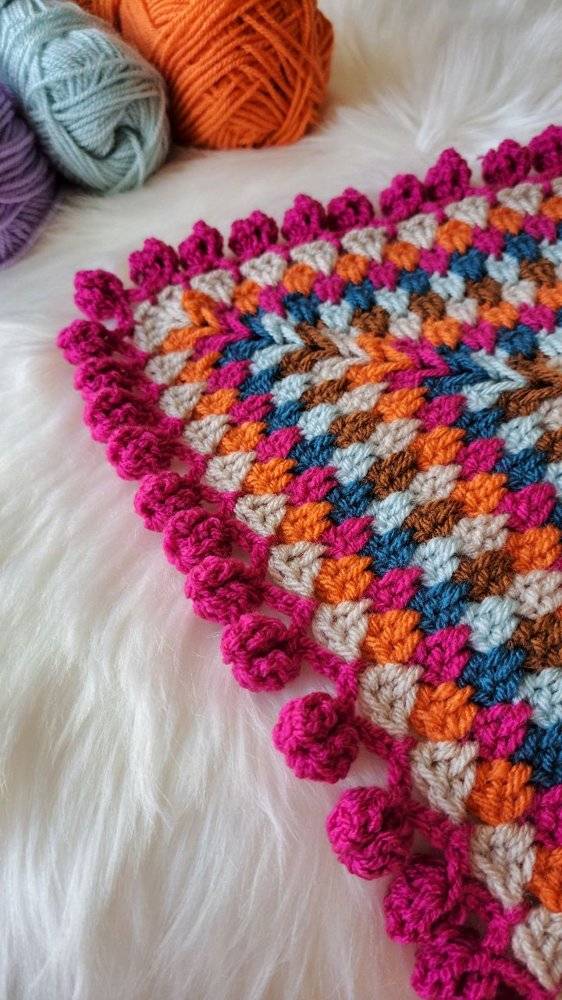 Vibrant Geometric Crochet Throw with Bobble Border