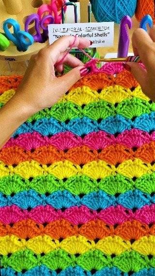 Vibrant Rainbow Shell Stitch Crochet Blanket