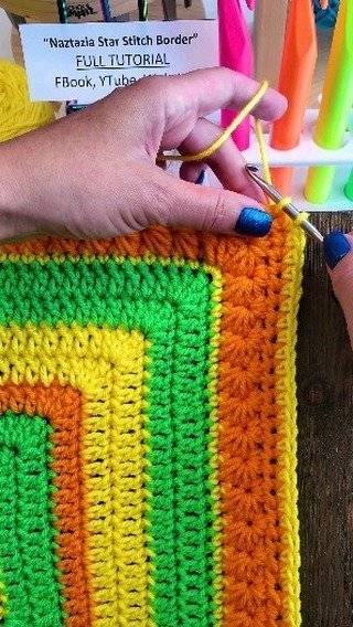 Vibrant Striped Crochet Square with Star Stitch Border