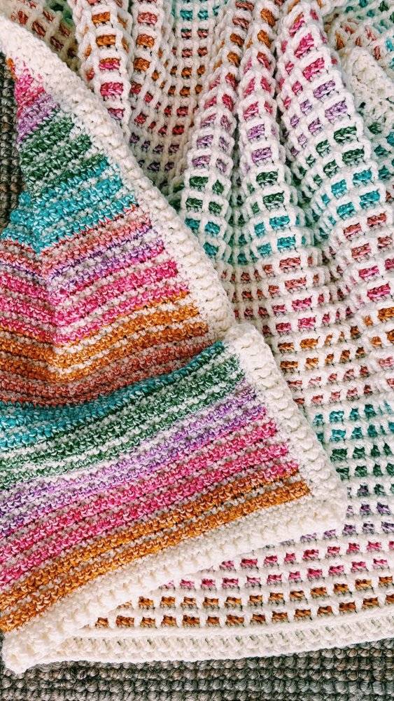 Vibrant Striped Mesh Crochet Blanket