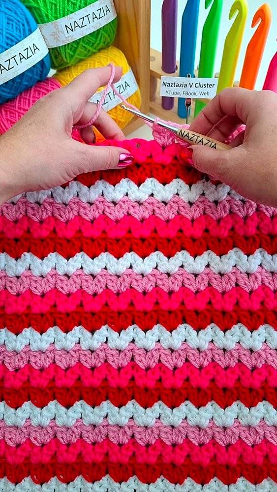Vibrant Striped V-Stitch Crochet Fabric