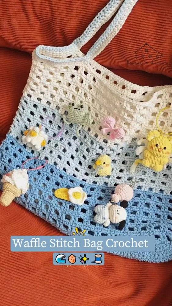 Waffle Stitch Crochet Market Bag with Charms
